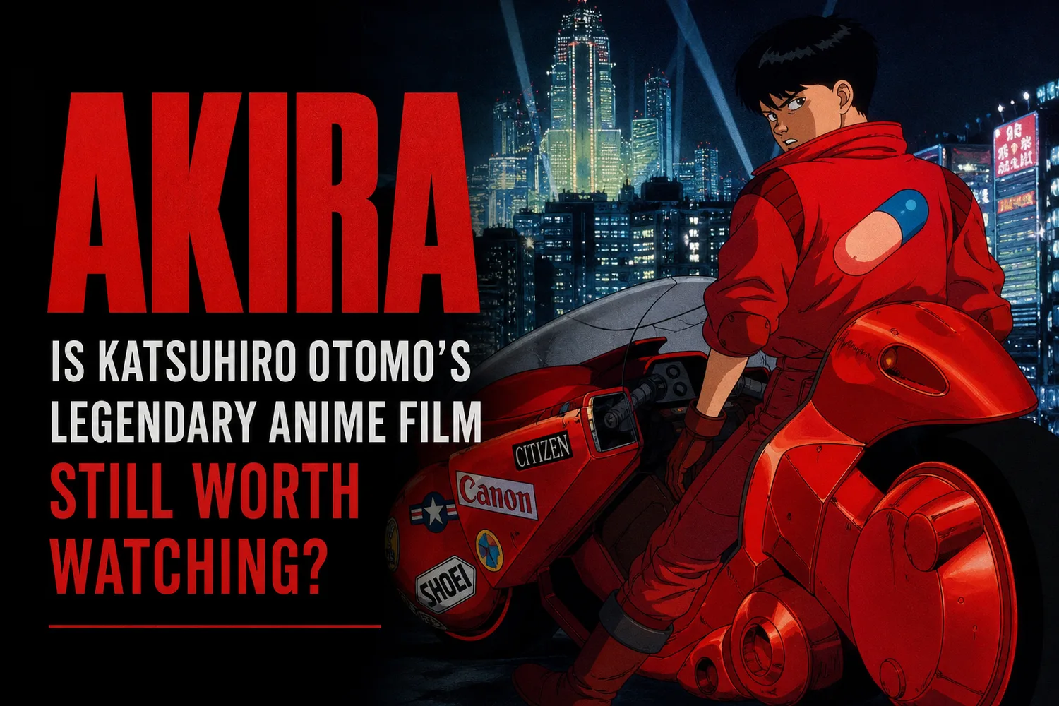 Key art for Akira showing Kaneda on his motorcycle in front of Neo-Tokyo's skyline.