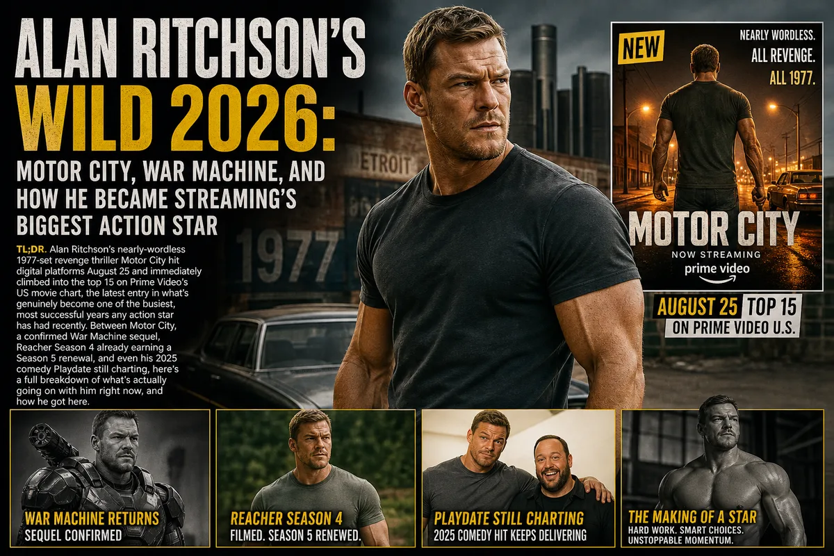 Alan Ritchson as a scarred, muscular figure in a dark 1977 Detroit street beside the Motor City poster and stills from War Machine, Reacher and Playdate.