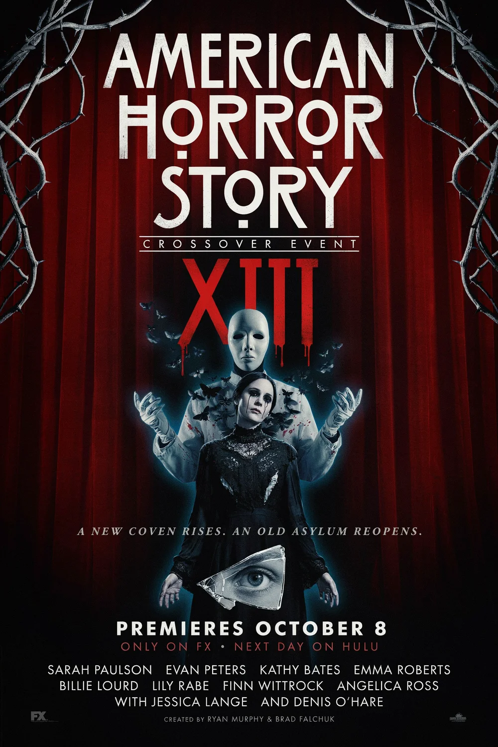 American Horror Story Crossover Event XIII poster featuring a masked figure and a butterfly-covered woman against red stage curtains.