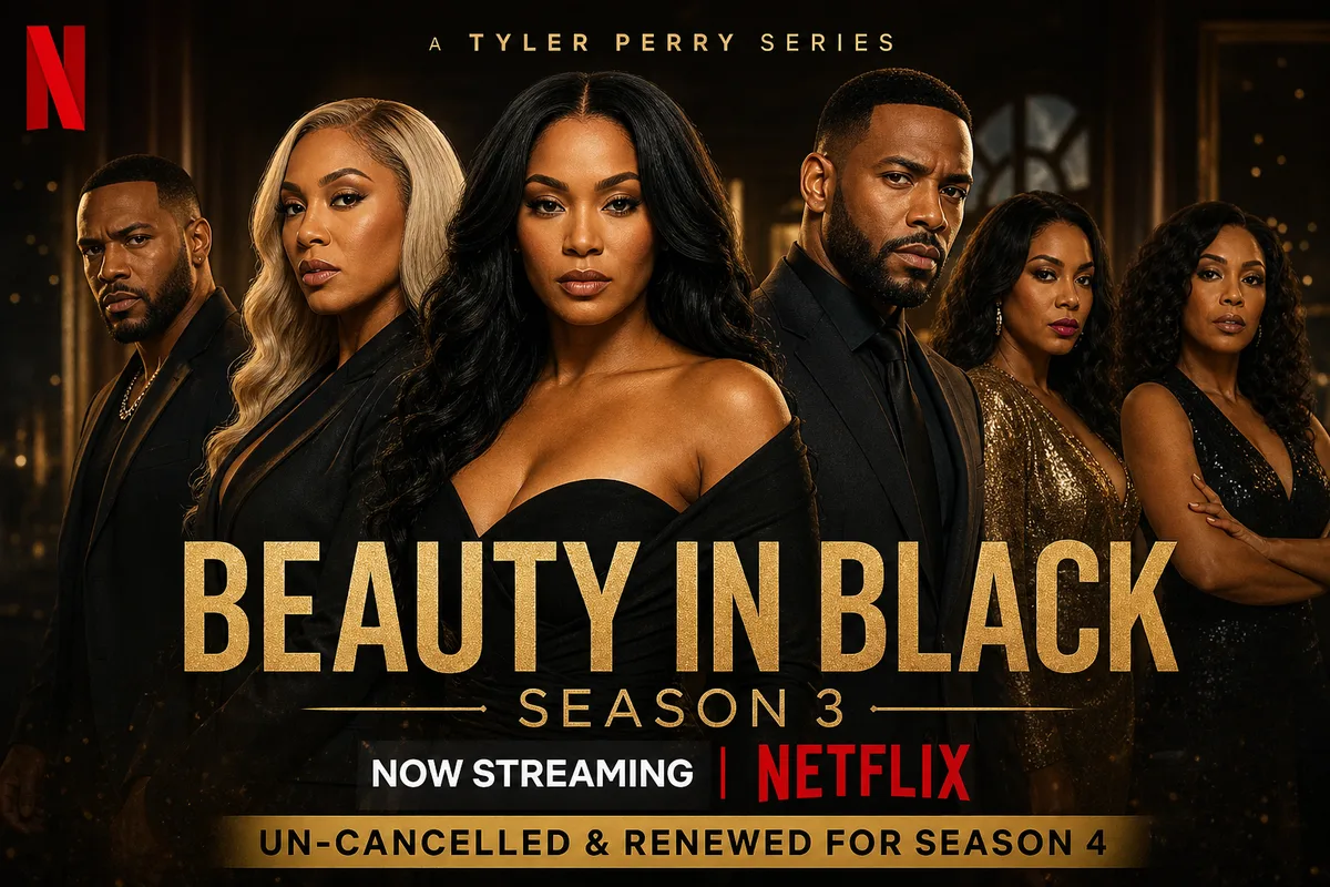 Beauty in Black Season 3 key art with the full cast, labeled now streaming on Netflix and un-cancelled and renewed for Season 4.