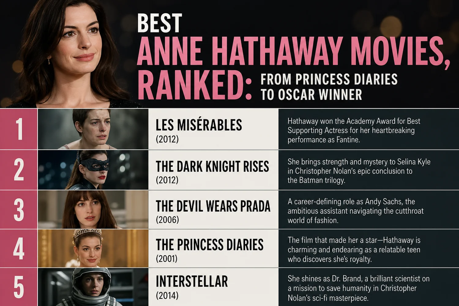 Best Anne Hathaway Movies, Ranked hero graphic featuring Les Misérables, The Devil Wears Prada, and The Princess Diaries poster art.