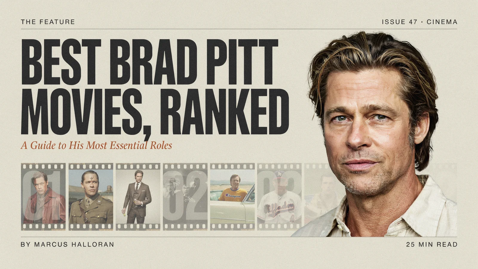 Best Brad Pitt Movies, Ranked hero graphic featuring Fight Club, Once Upon a Time in Hollywood, and F1 poster art.