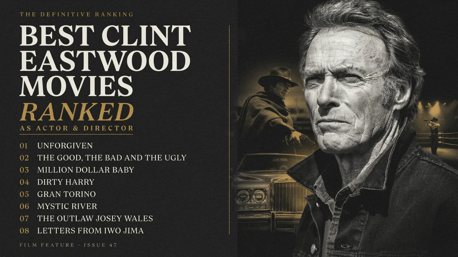 Best Clint Eastwood Movies, Ranked hero graphic featuring Unforgiven, The Good the Bad and the Ugly, and Million Dollar Baby poster art.