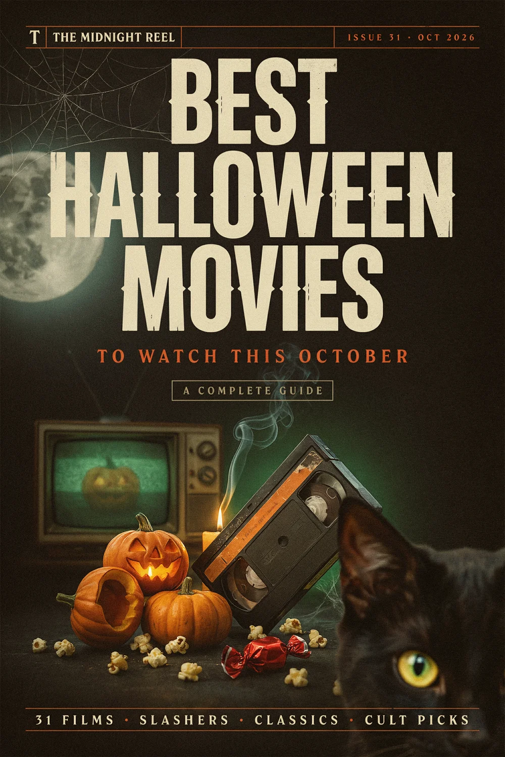 Best Halloween Movies to Watch This October hero graphic with a moonlit, pumpkin-lined poster design.