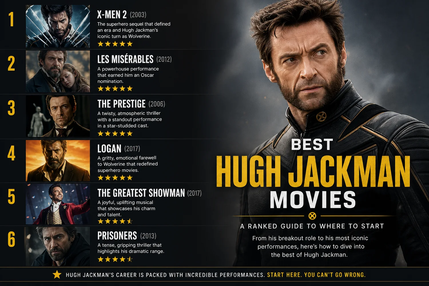 Best Hugh Jackman Movies hero graphic featuring Logan, The Prestige, and Les Misérables poster art.