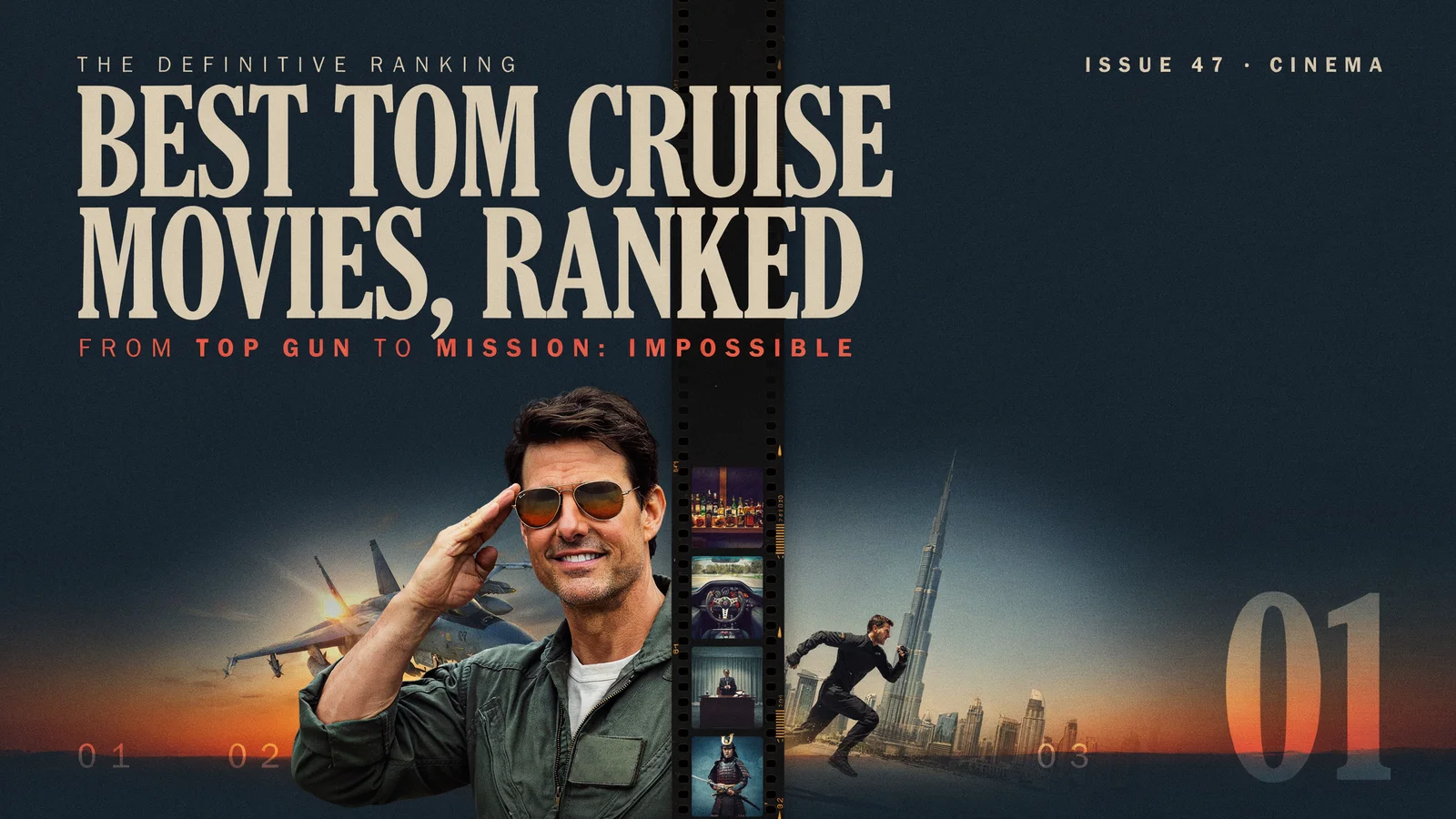 Best Tom Cruise Movies, Ranked hero graphic featuring Top Gun, Jerry Maguire, and Mission Impossible poster art.