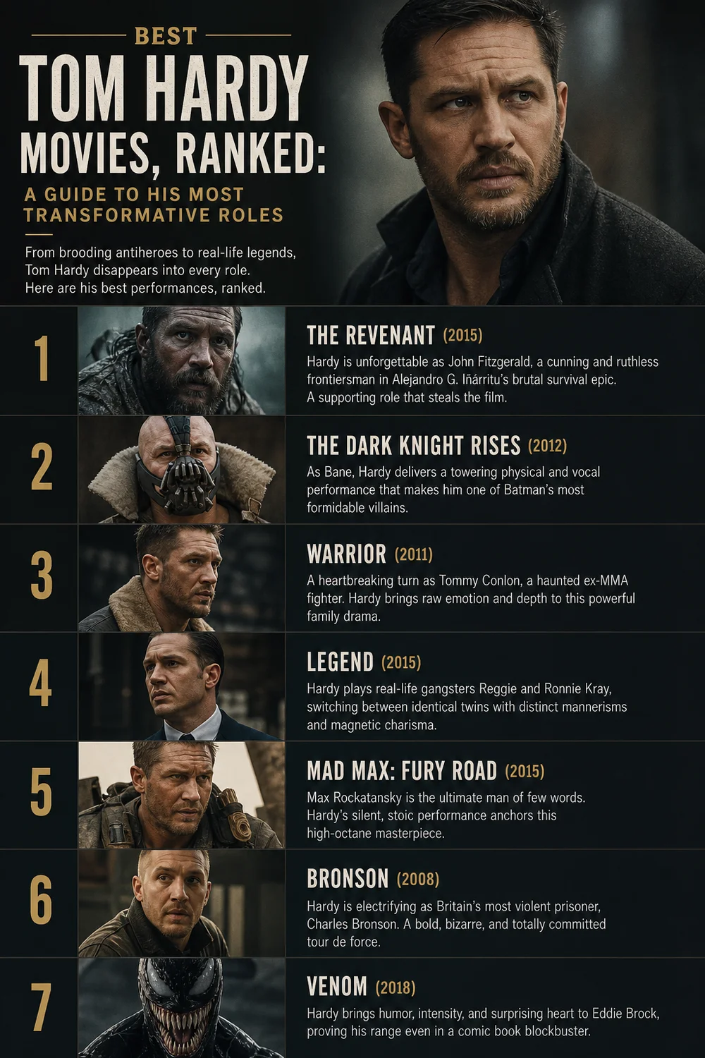 Best Tom Hardy Movies, Ranked hero graphic featuring Bronson, Locke, and Mad Max: Fury Road poster art.