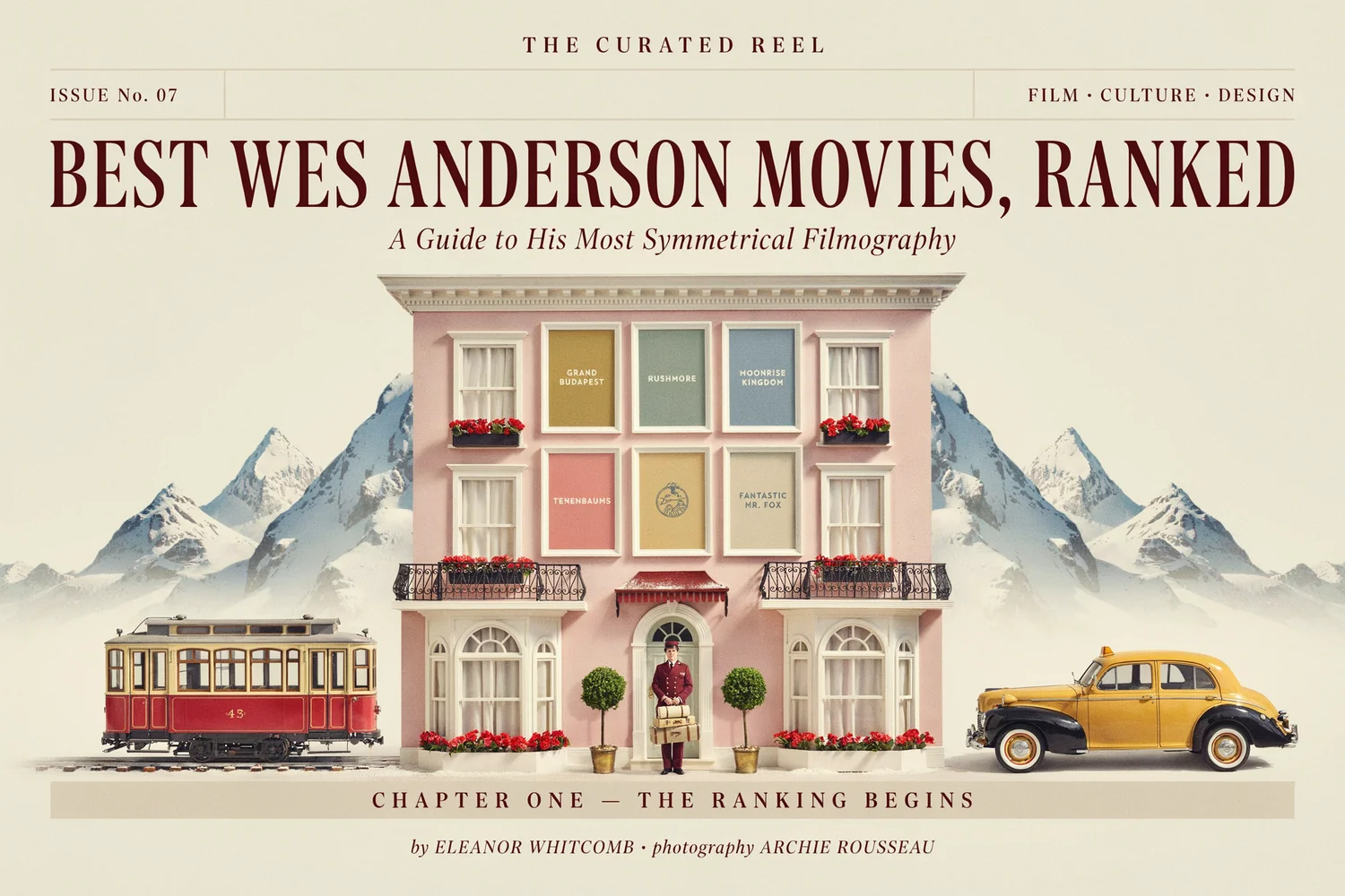 Best Wes Anderson Movies, Ranked hero graphic featuring The Grand Budapest Hotel, Rushmore, and Moonrise Kingdom poster art.