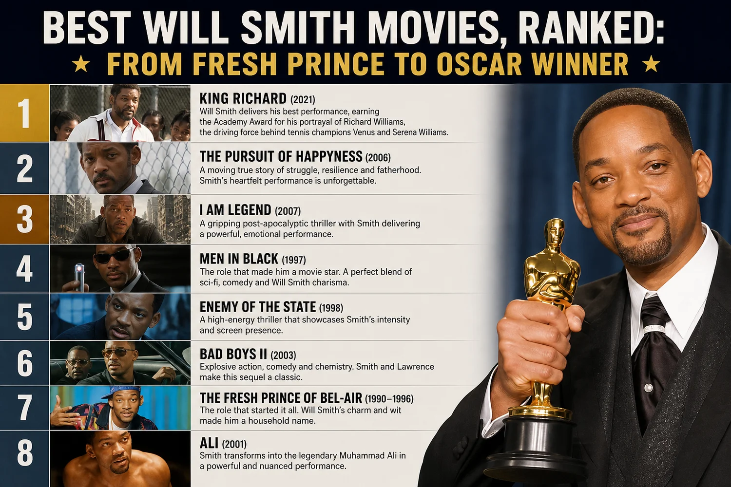 Best Will Smith Movies, Ranked hero graphic featuring Ali, King Richard, and Independence Day poster art.