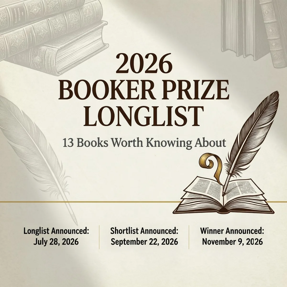 2026 Booker Prize longlist announcement graphic with an open book and quill, listing the longlist, shortlist and winner announcement dates.