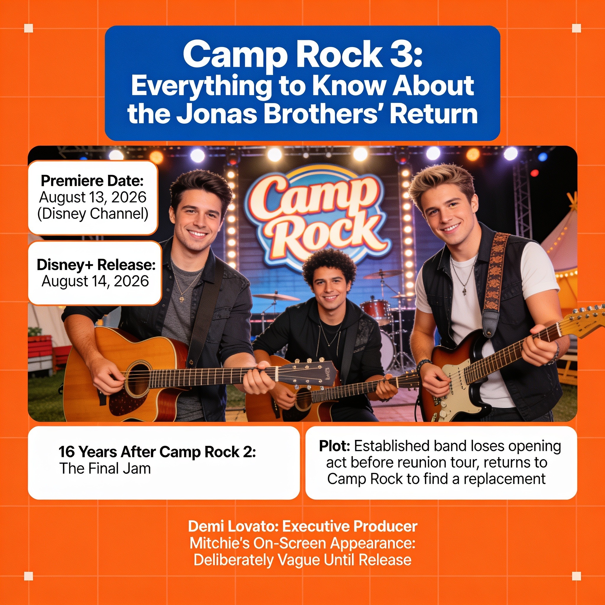 Camp Rock 3 poster showing Joe Jonas, Nick Jonas, and Kevin Jonas on an outdoor lakeside summer camp stage with guitars.