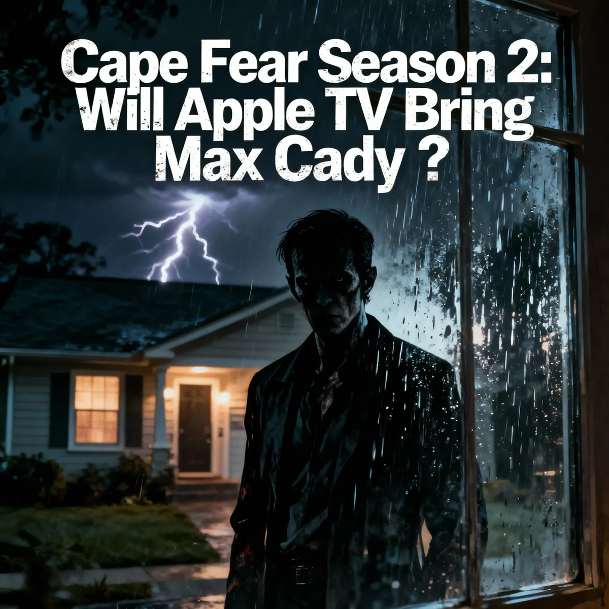 Cape Fear Season 2 artwork showing Max Cady standing in the rain outside a lit suburban house window at night, with lightning striking in the background.