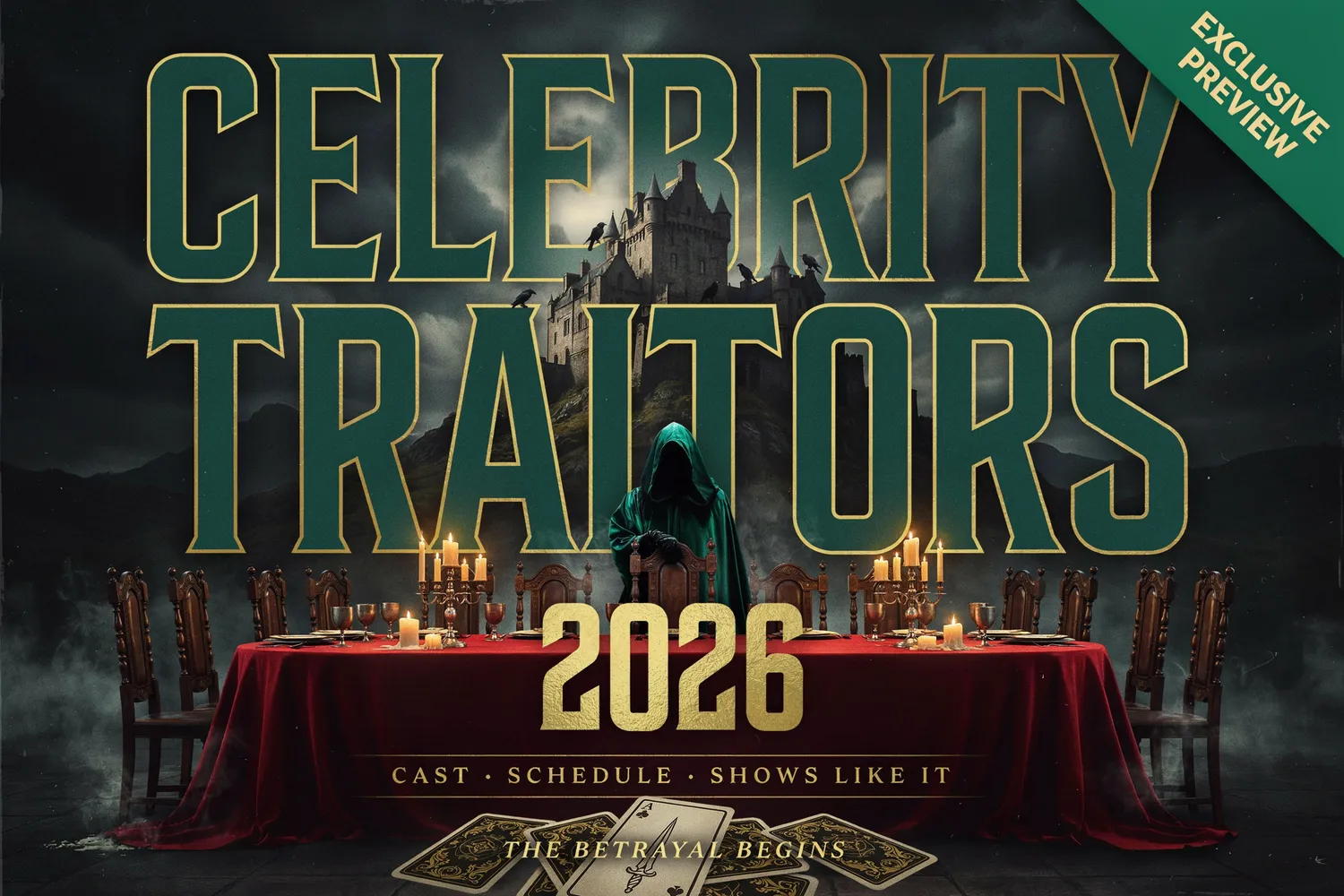 Celebrity Traitors 2026 title art showing a hooded figure at a candlelit round table in front of a Scottish castle.