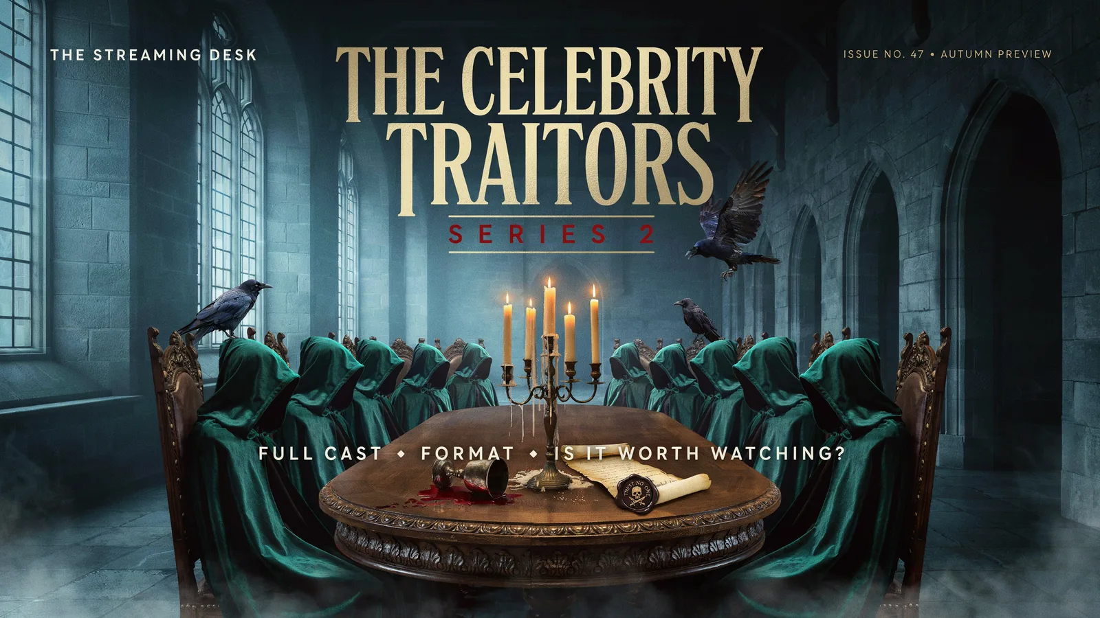 Magazine-style key art for The Celebrity Traitors series 2, showing hooded contestants seated around a candlelit table in a Scottish castle.