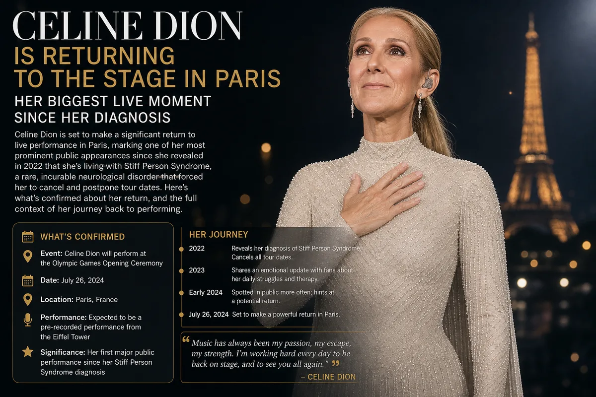 Celine Dion performing on a Paris stage under warm lights, marking her 2026 return to live performance.