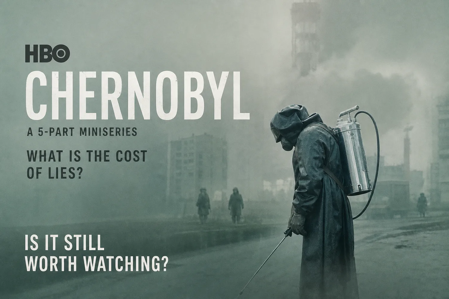 Key art for HBO's Chernobyl showing a hazmat-suited worker in the disaster zone.