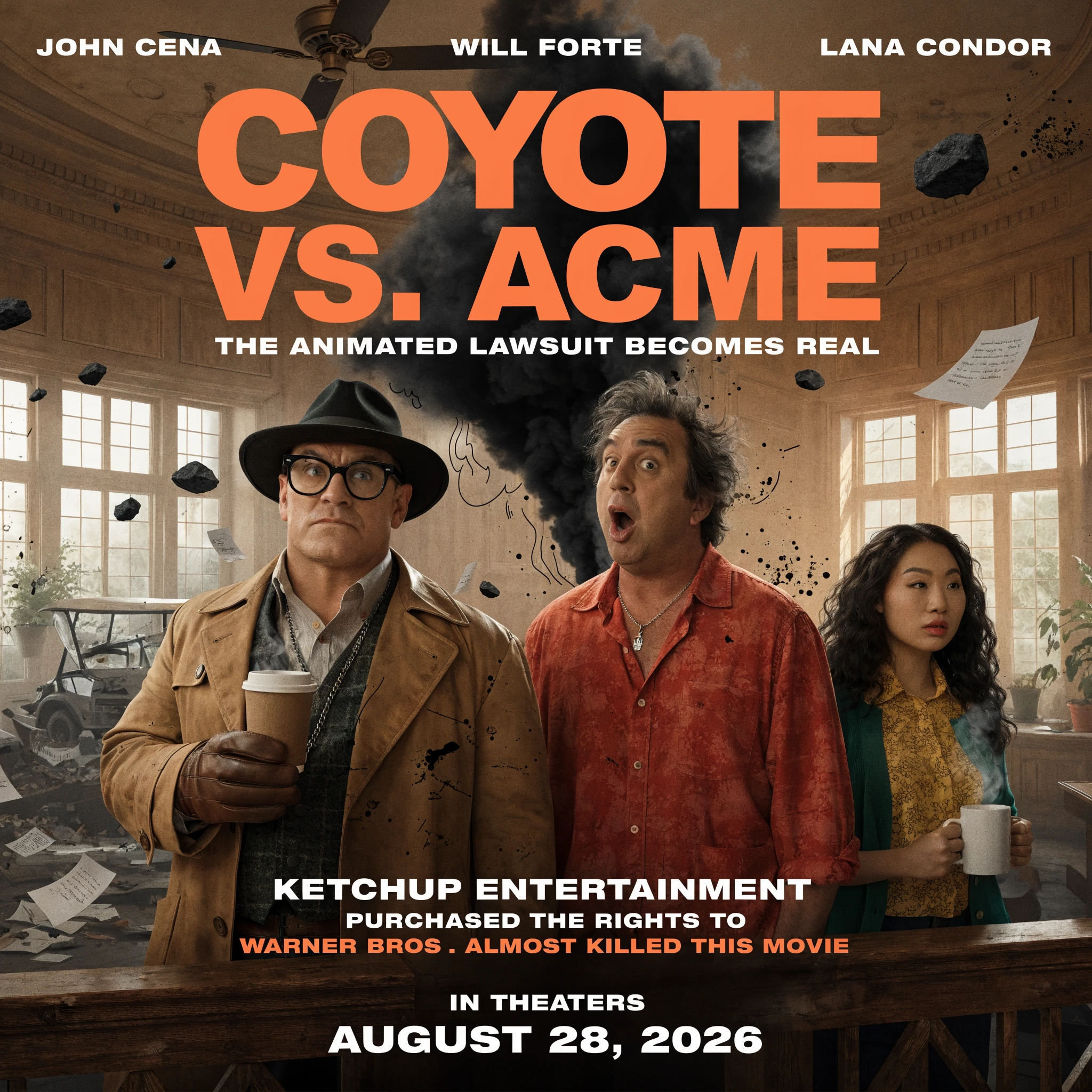Coyote vs. Acme theatrical poster showing Wile E. Coyote in a courtroom suit sitting next to Will Forte and John Cena in a jury box.