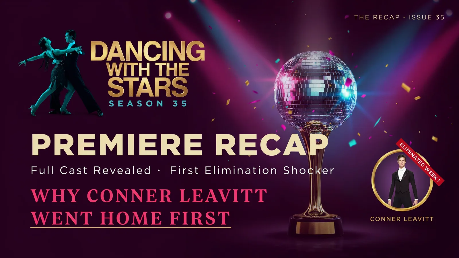 Dancing with the Stars Season 35 premiere recap key art, featuring the mirrorball trophy and eliminated contestant Conner Leavitt.