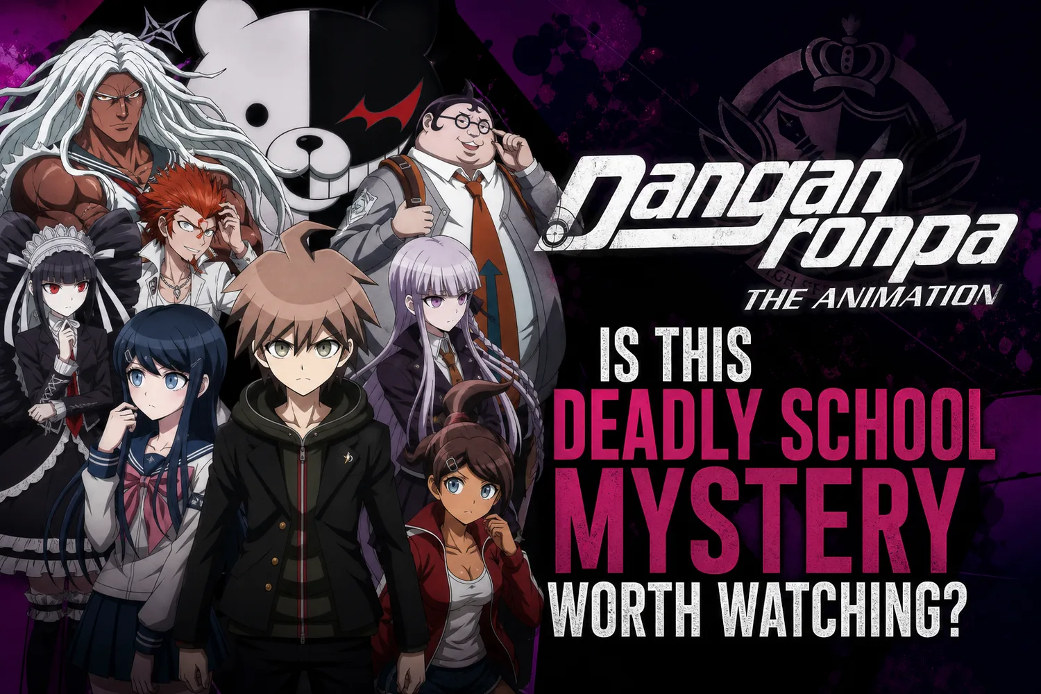 Key art for Danganronpa: The Animation showing the cast alongside Monokuma.