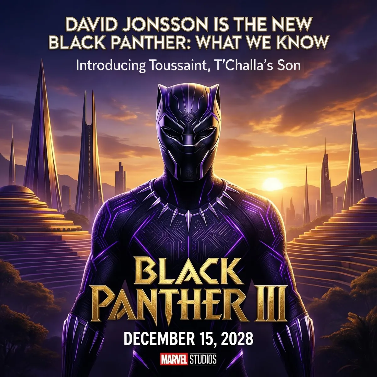 Black Panther III concept poster showing the Black Panther suit in purple and gold against the Wakanda skyline at sunset, with a December 15, 2028 release date.