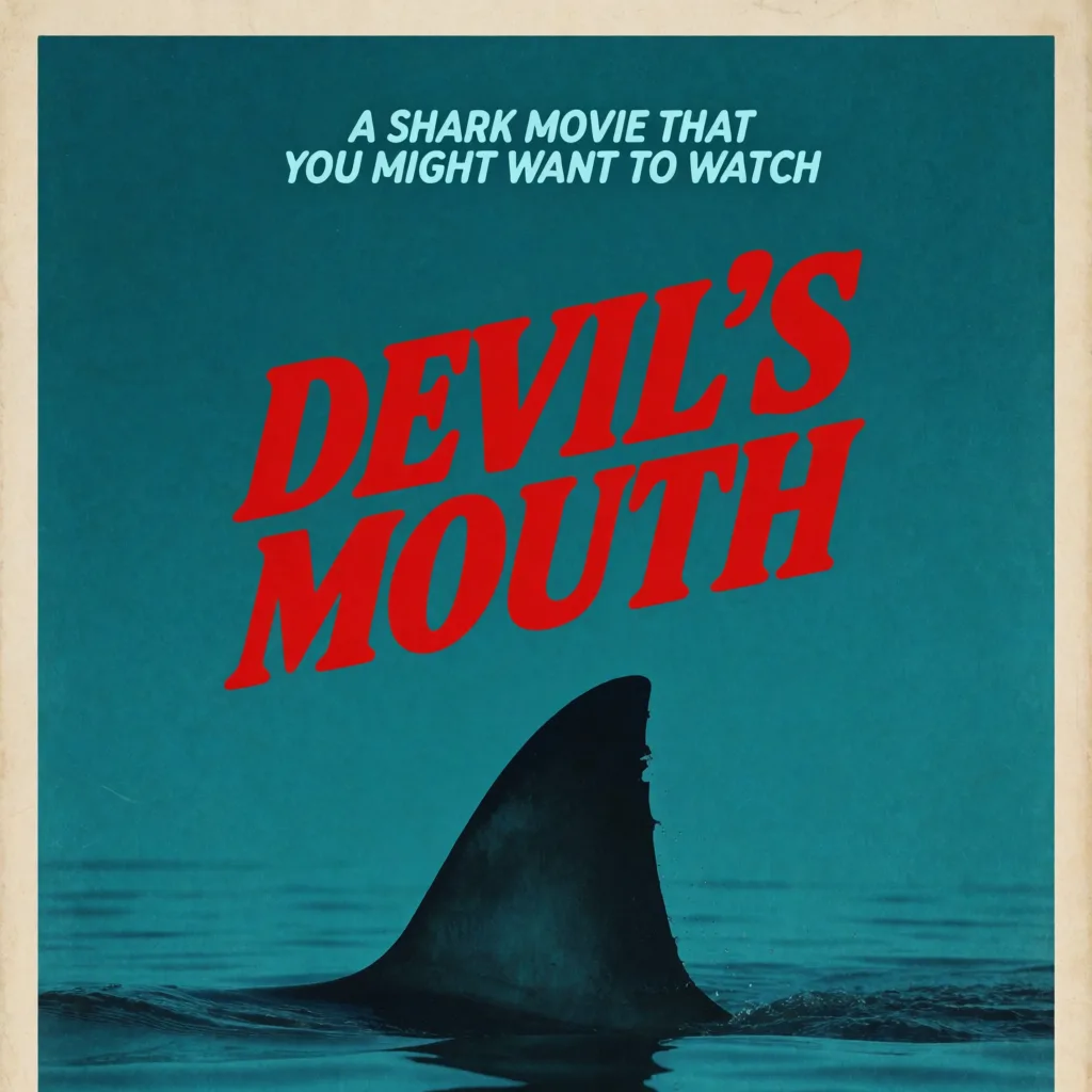 The Devil's Mouth vintage-style movie poster showing a shark fin breaking the surface of teal water beneath the red title lettering.