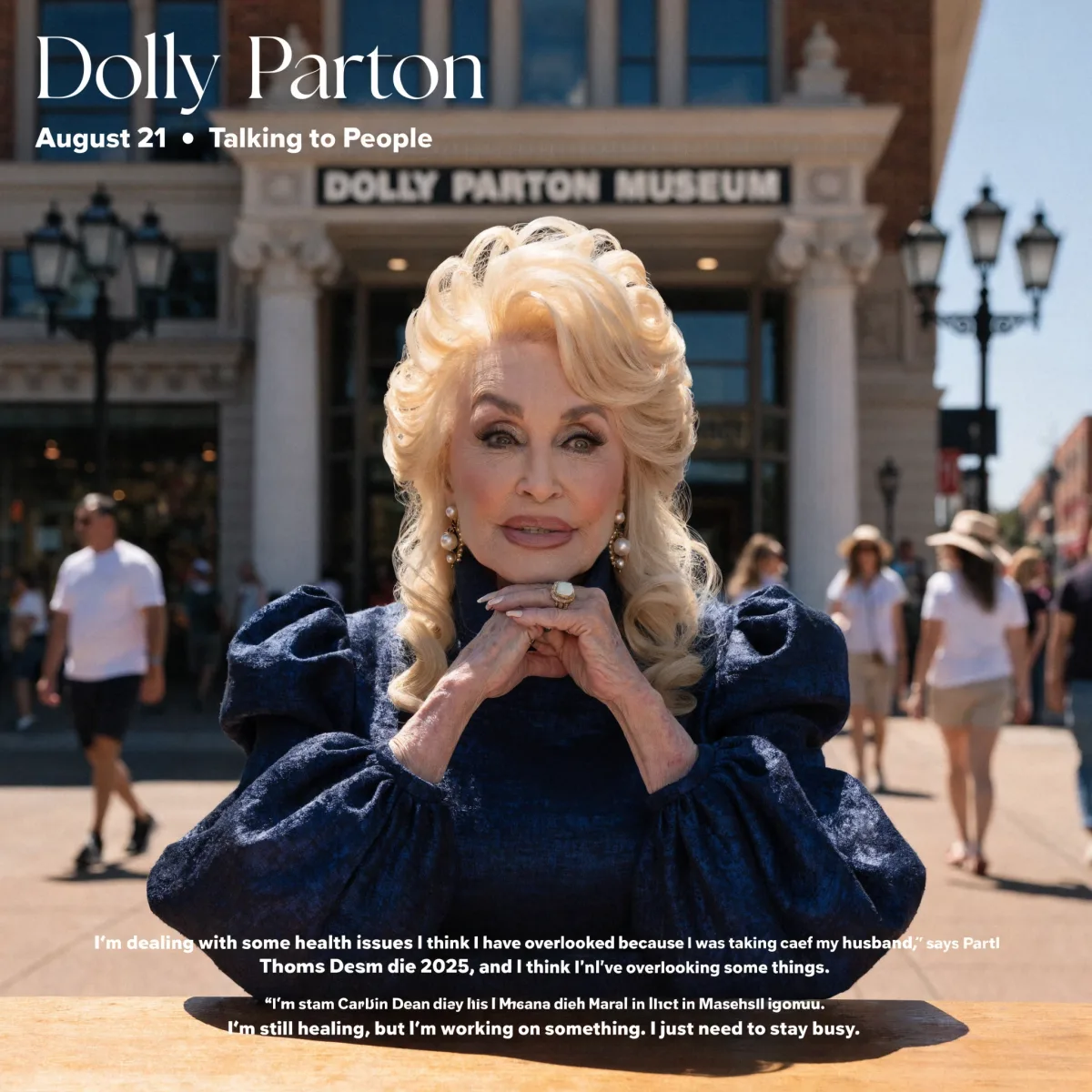 Dolly Parton in a blue velvet dress outside the new Dolly Parton Museum in Nashville, speaking to People on August 21, 2026 about her ongoing health and grief.