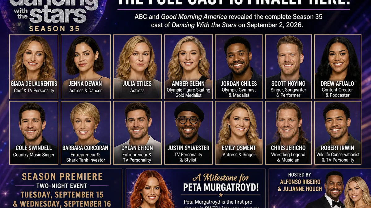 Dancing With the Stars Season 35 full cast reveal graphic showing the complete lineup of celebrities including Giada De Laurentiis, Jenna Dewan, Julia Stiles and Amber Glenn, with the two-night premiere dates September 15 and 16.