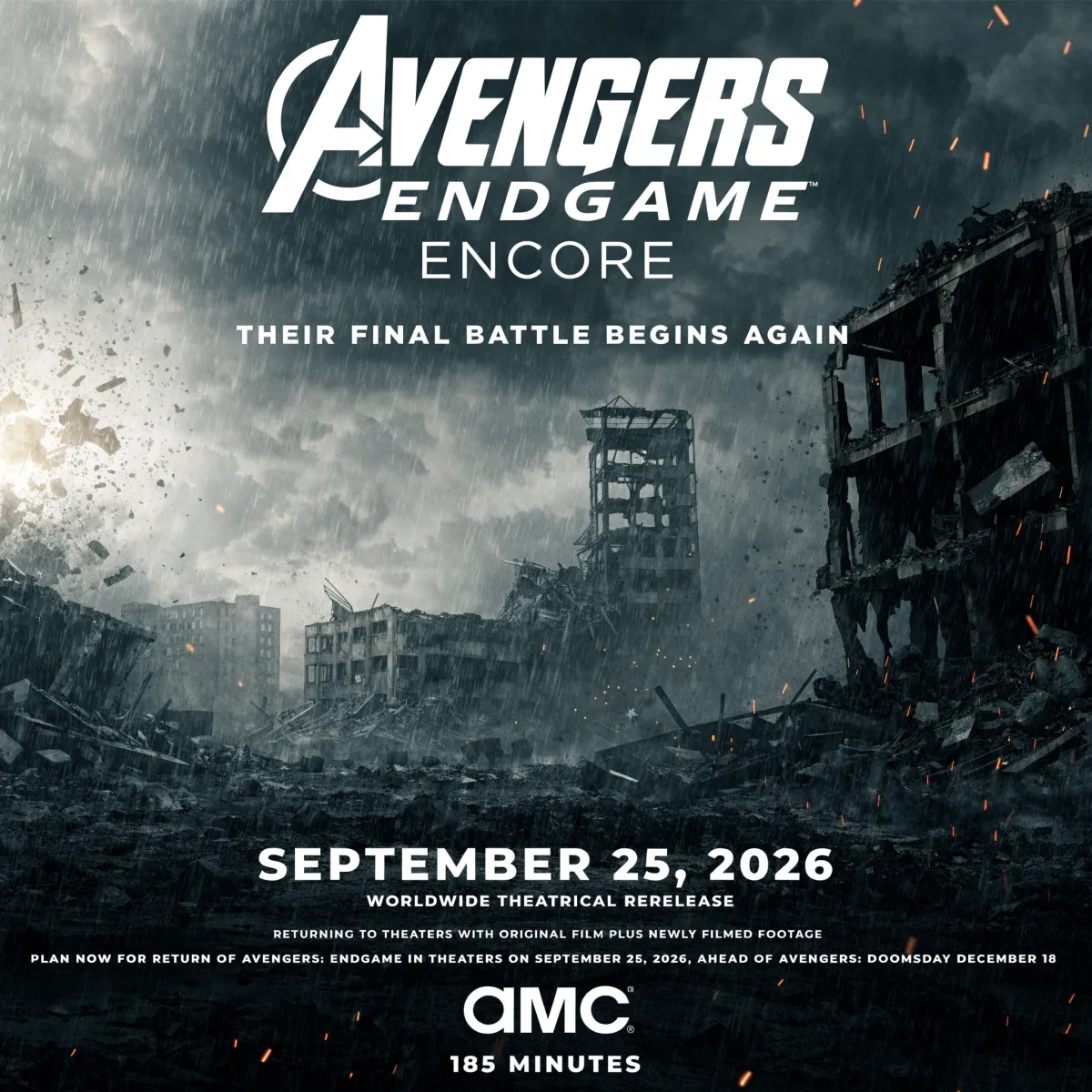 Avengers: Endgame Encore key art over a rain-soaked, ruined cityscape, confirming the September 25, 2026 worldwide theatrical rerelease at 185 minutes.