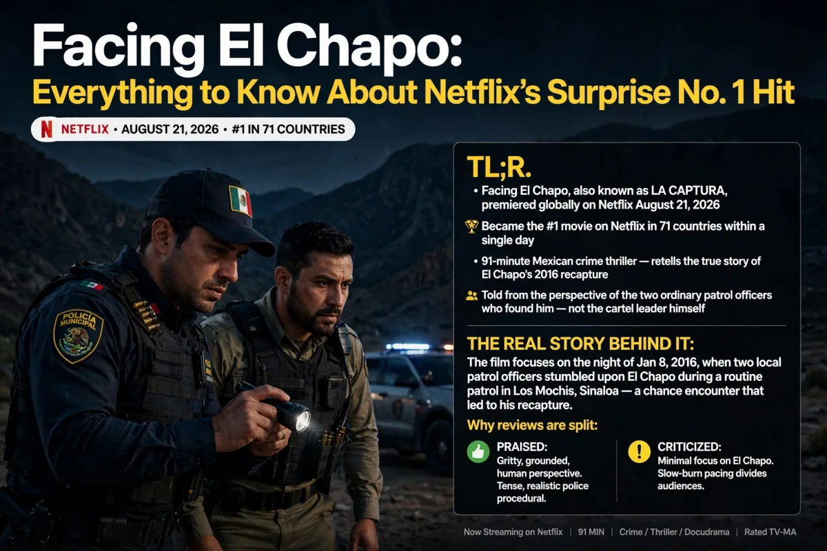 Facing El Chapo Netflix key art showing two Mexican patrol officers at night with a flashlight, with the film's premiere date and its number-one status in 71 countries.