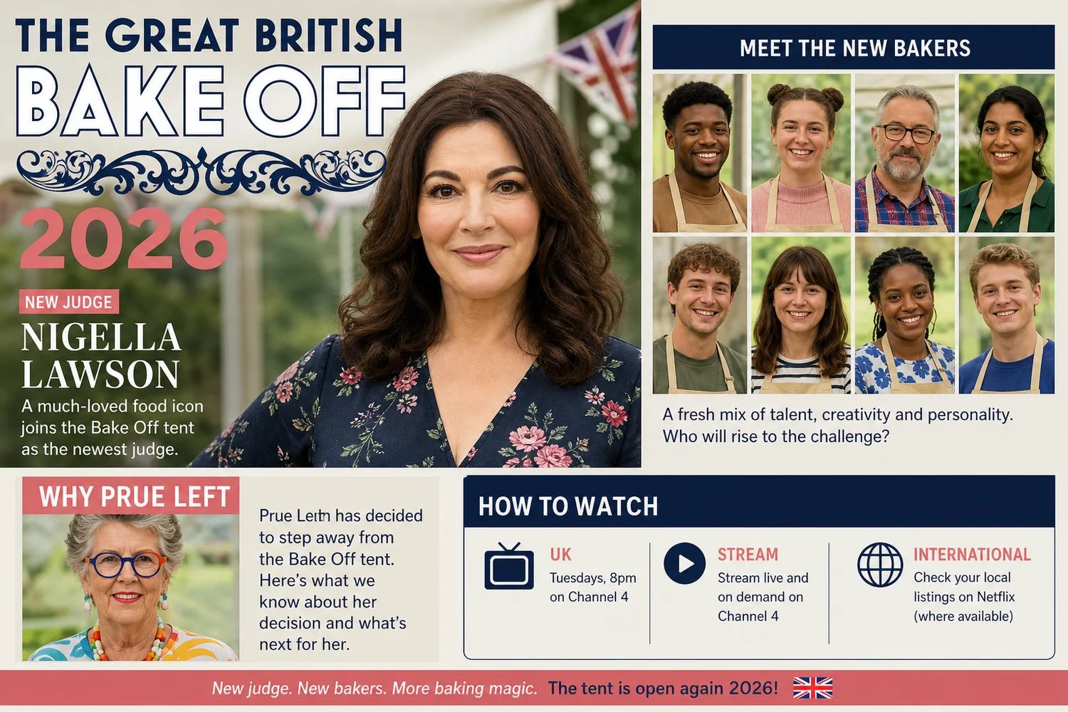 The Great British Bake Off 2026 promotional graphic introducing new judge Nigella Lawson alongside the new bakers and viewing details.
