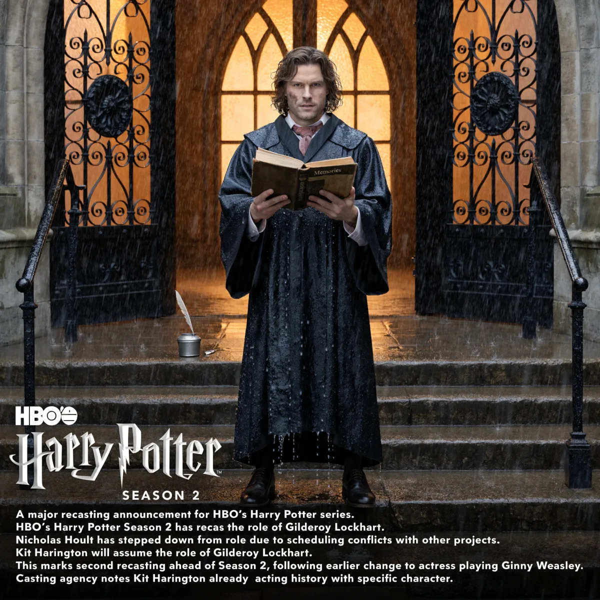 HBO Harry Potter Season 2 announcement graphic of Kit Harington in Hogwarts robes holding an open book labeled Memories, confirming his recast as Gilderoy Lockhart.