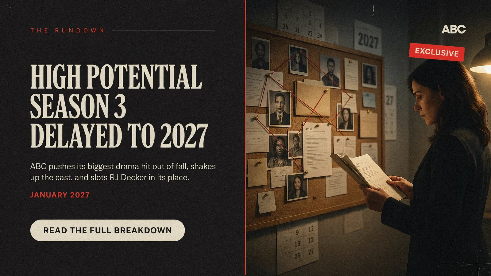 Morgan Gillory examining a red-string evidence board marked with 2027, titled High Potential Season 3 Delayed to 2027.