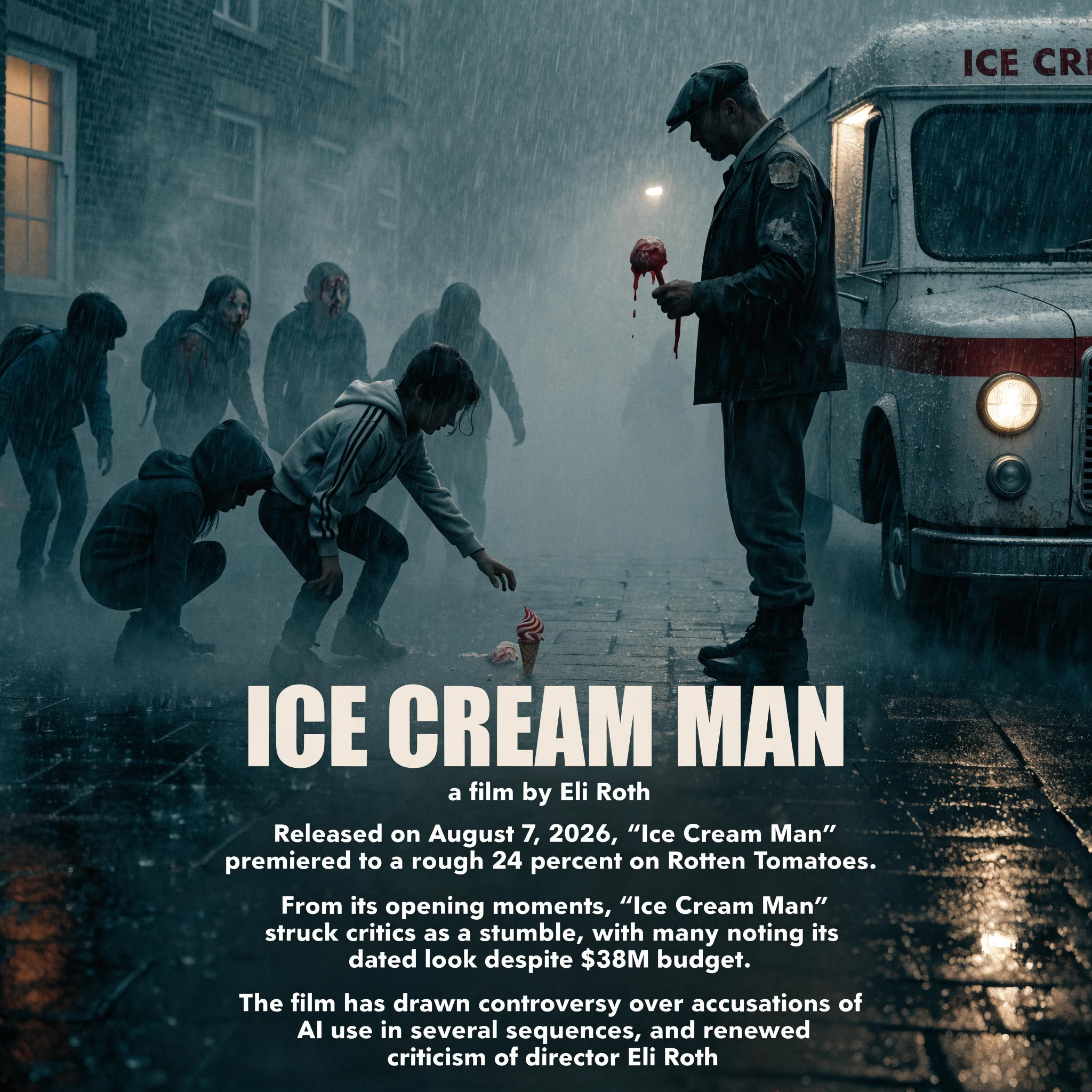 Ice Cream Man horror film visual showing a blood-splattered vintage ice cream truck under eerie neon lighting.