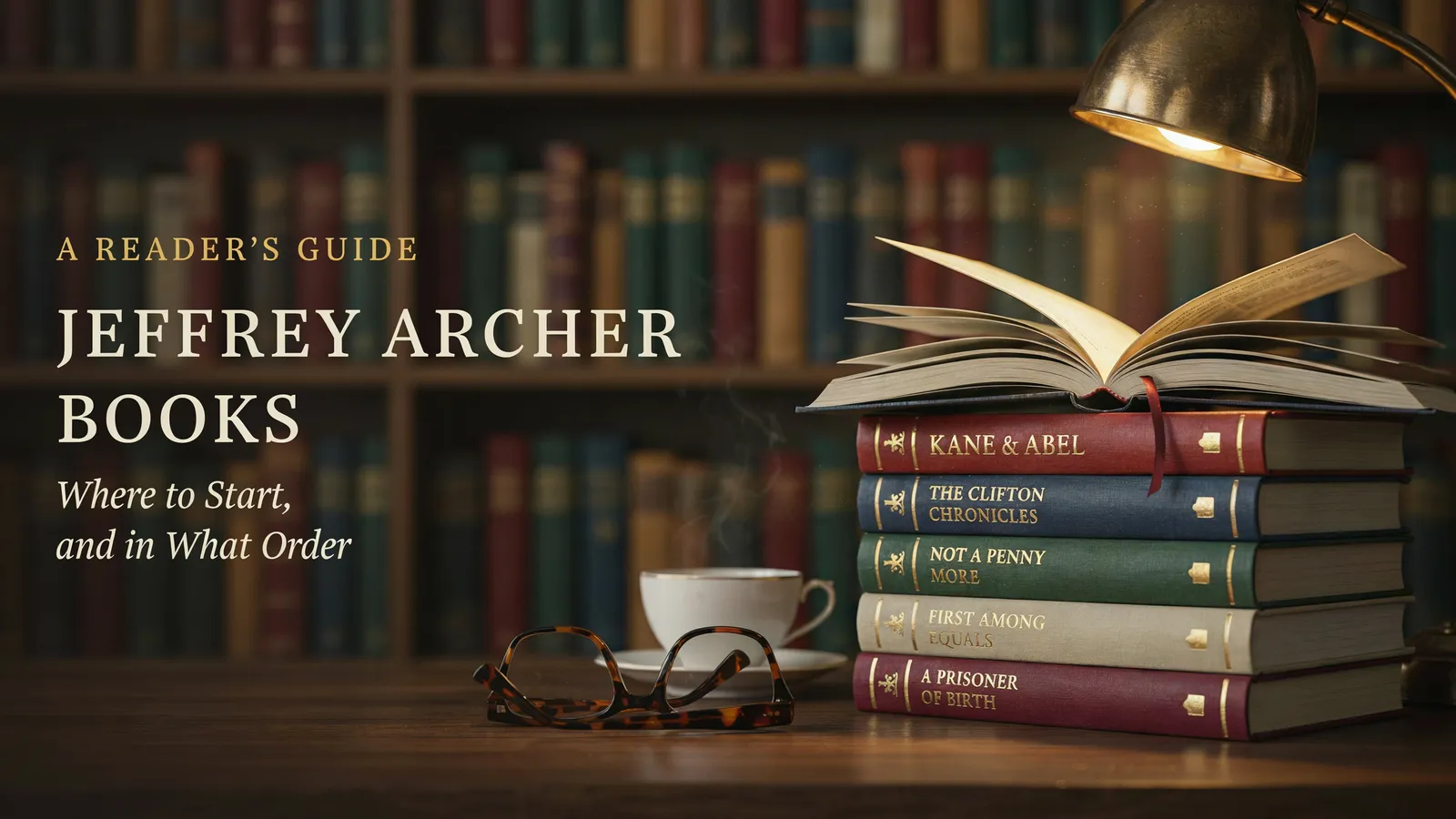 A stack of Jeffrey Archer novels including Kane and Abel and The Clifton Chronicles under a desk lamp.