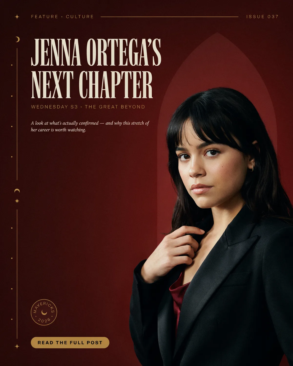 Jenna Ortega's Next Chapter magazine-style hero graphic: Wednesday Season 3 and The Great Beyond, a look at what's actually confirmed and why this stretch of her career is worth watching.