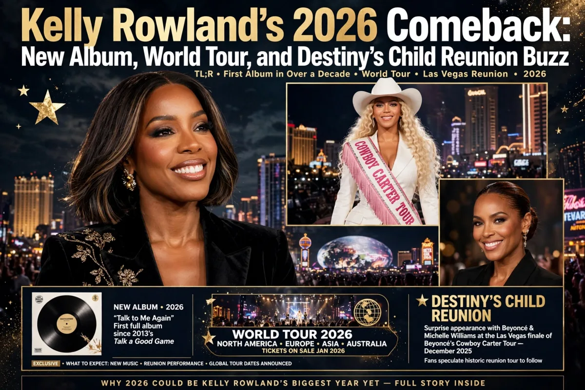 Kelly Rowland with photos from Beyoncé's Cowboy Carter Tour finale, announcing her first album in over a decade and a 2026 world tour.