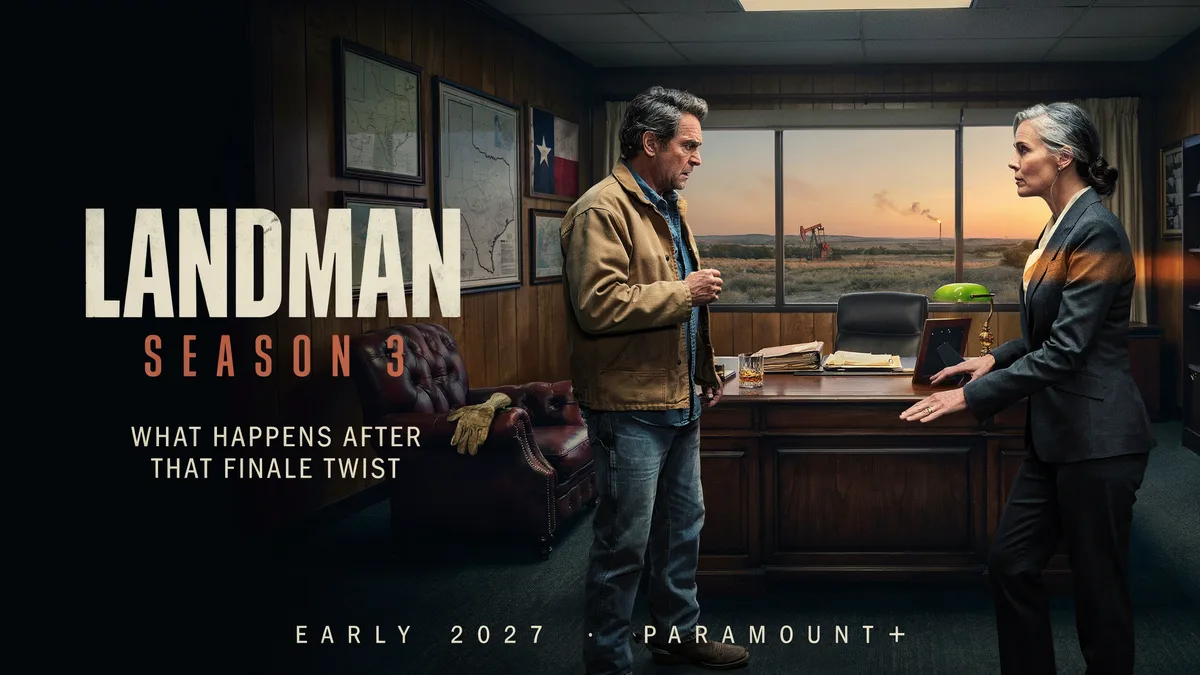 Landman Season 3 poster showing Tommy Norris and Cami Miller facing off in a wood-paneled office with pumpjacks visible through the window at sunset.