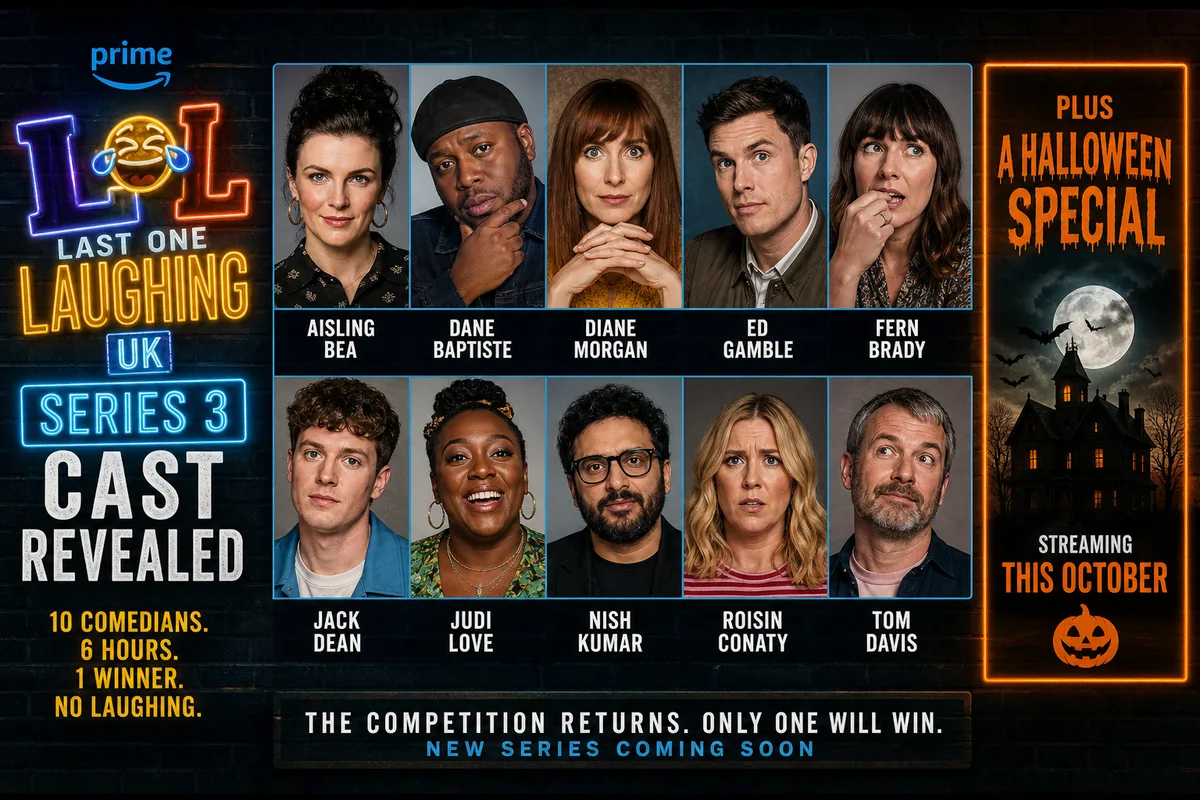 Last One Laughing UK Series 3 cast grid of ten comedians including Aisling Bea, Nish Kumar and Roisin Conaty, plus a neon Halloween special promo.