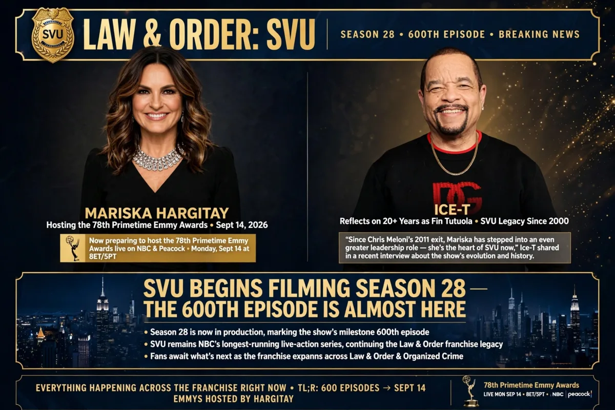 Mariska Hargitay and Ice-T from Law & Order: SVU, marking Season 28's 600th episode milestone and Hargitay hosting the 78th Primetime Emmy Awards.