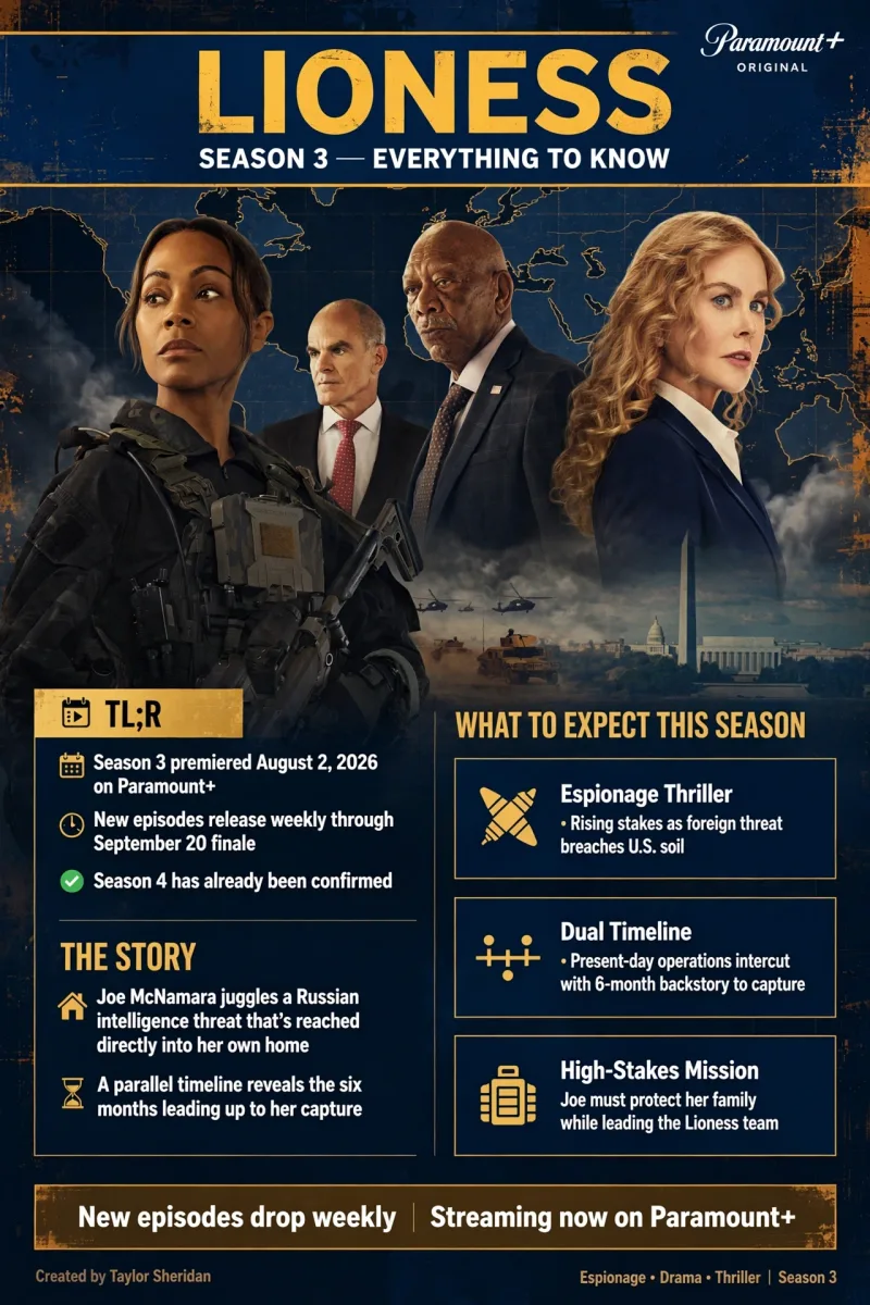 Lioness Season 3 key art showing Zoe Saldana, Michael Kelly, Morgan Freeman, and Nicole Kidman against a world map backdrop, with Season 3 premiere and finale dates.