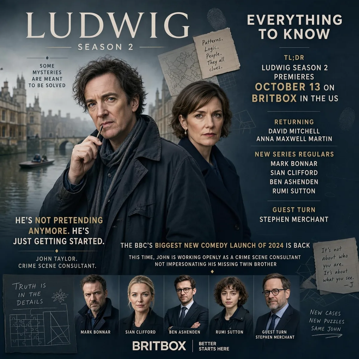 Ludwig Season 2 poster showing David Mitchell and Anna Maxwell Martin in front of Cambridge's Bridge of Sighs, with the new series regulars pictured below and an October 13 BritBox premiere date.