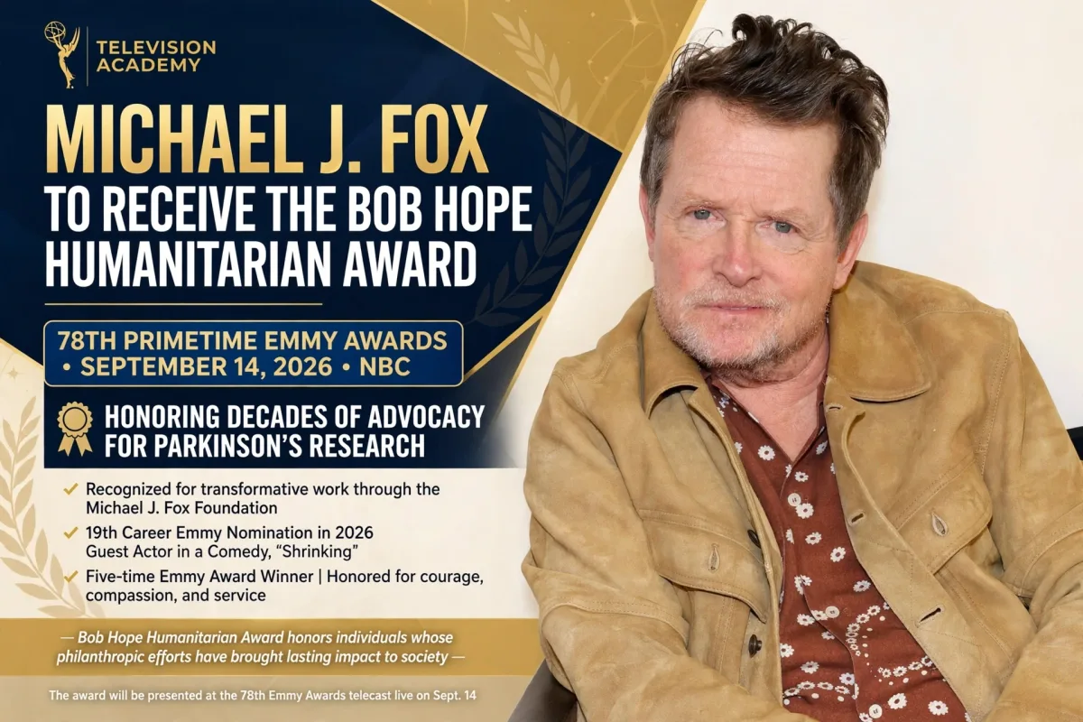 Michael J. Fox portrait, announced to receive the Bob Hope Humanitarian Award at the 78th Primetime Emmy Awards on September 14, 2026.