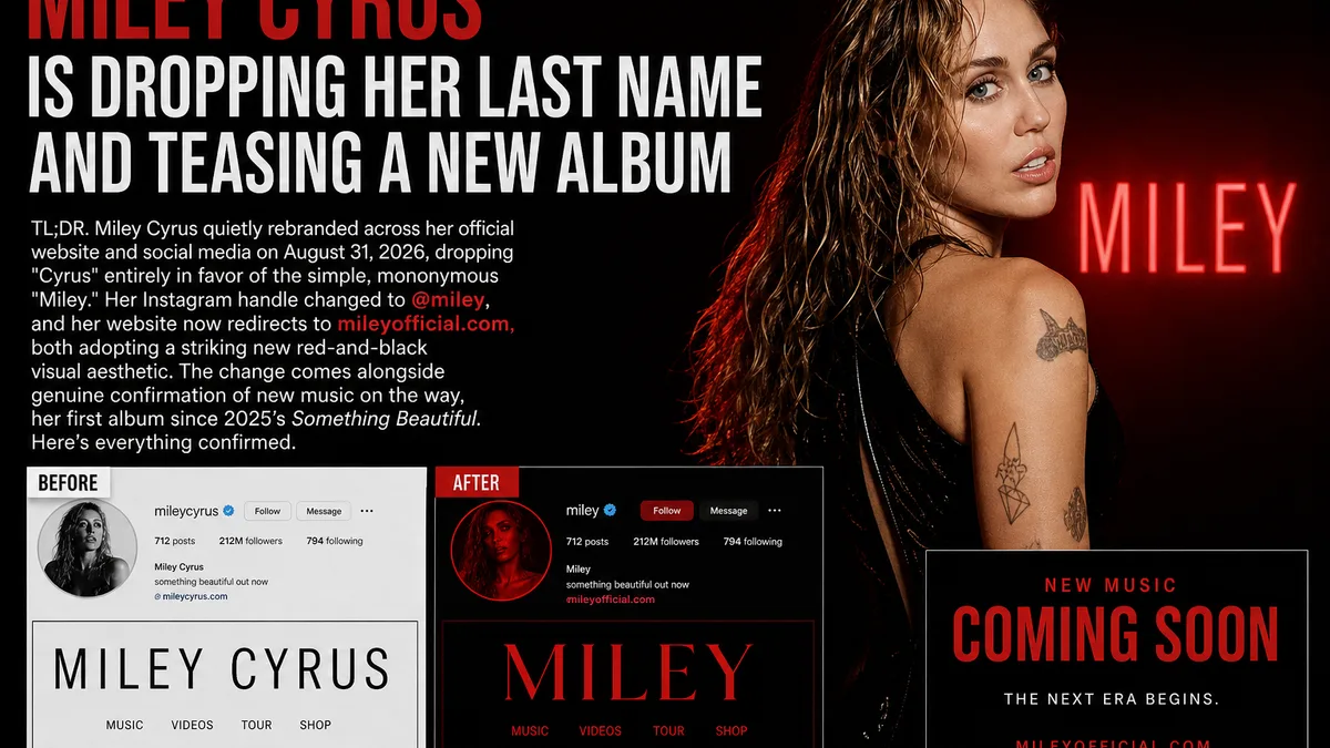 A red-and-black rebrand graphic of Miley Cyrus, showing her Instagram profile change from Miley Cyrus to the mononymous Miley, with New Music Coming Soon.