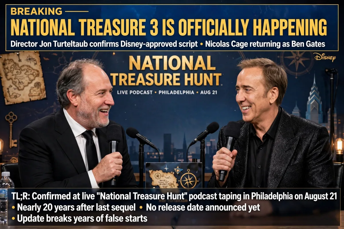 Director Jon Turteltaub and Nicolas Cage at a live National Treasure Hunt podcast taping in Philadelphia, confirming National Treasure 3.