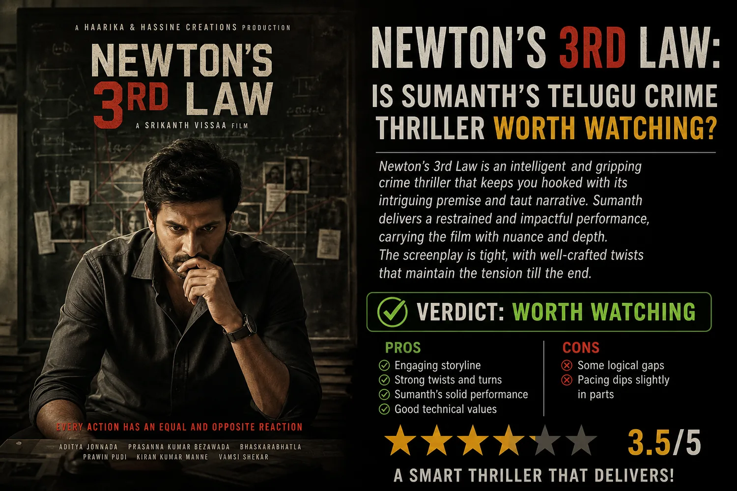 Key art for the Telugu thriller Newton's 3rd Law showing Sumanth as investigator Vasudev.