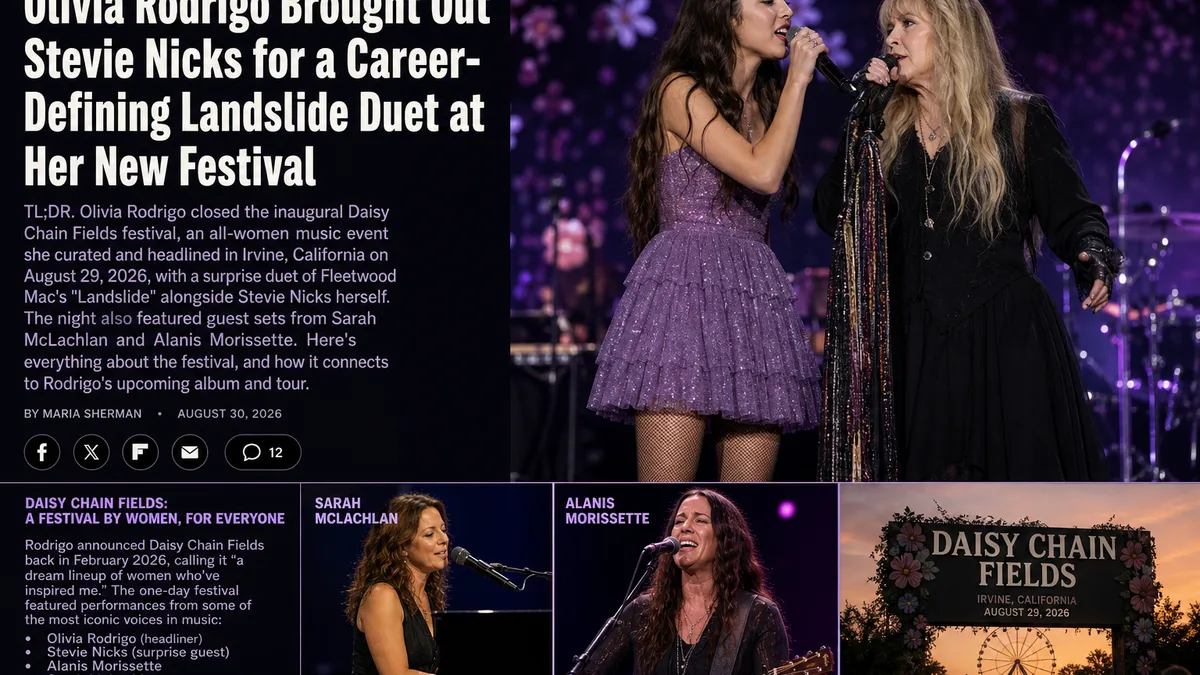 Olivia Rodrigo and Stevie Nicks singing together into microphones onstage at the Daisy Chain Fields festival under purple floral lighting.