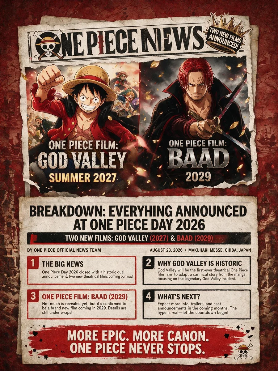 One Piece News graphic announcing One Piece Film: God Valley, arriving summer 2027, and One Piece Film: BAAD, arriving 2029, with Luffy and Shanks key art.
