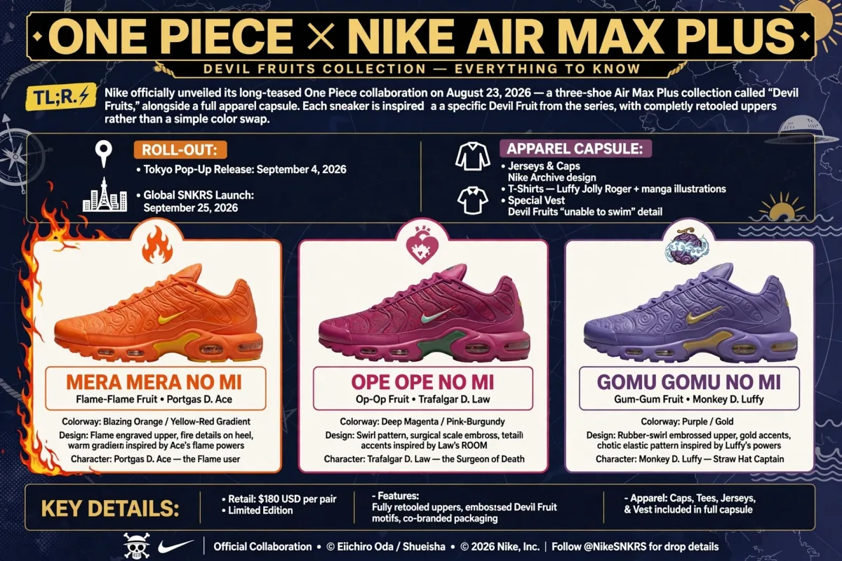One Piece x Nike Air Max Plus Devil Fruits collection graphic showing the Mera Mera no Mi, Ope Ope no Mi, and Gomu Gomu no Mi sneaker colorways with release dates and pricing.