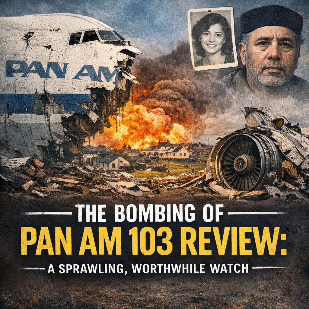 The Bombing of Pan Am 103 review artwork showing the wreckage of the aircraft on fire in Lockerbie, with inset photographs of a victim and a suspect.