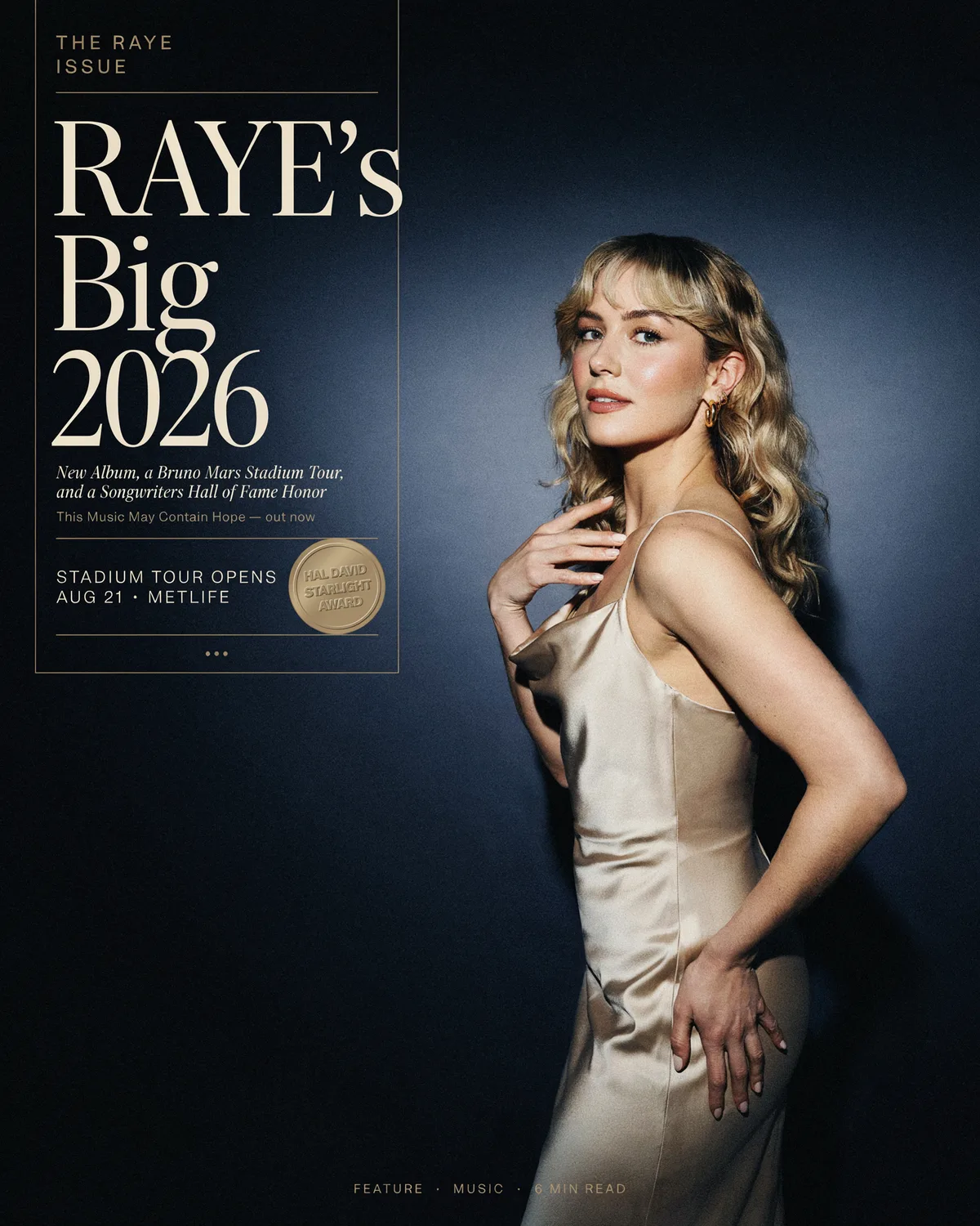 RAYE's Big 2026 magazine-style hero graphic: New Album, a Bruno Mars Stadium Tour, and a Songwriters Hall of Fame Honor, stadium tour opens August 21 at MetLife, Hal David Starlight Award.